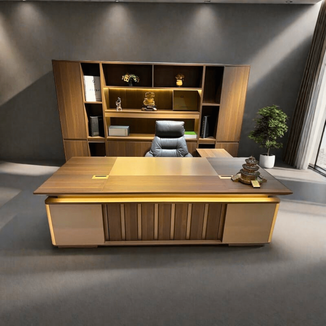 bureau-de-direction-prestige-avec-rangement-mural-et-facade-decorative-en-bois.png Bureau de direction prestige avec rangement mural et façade décorative en bois – Image 1