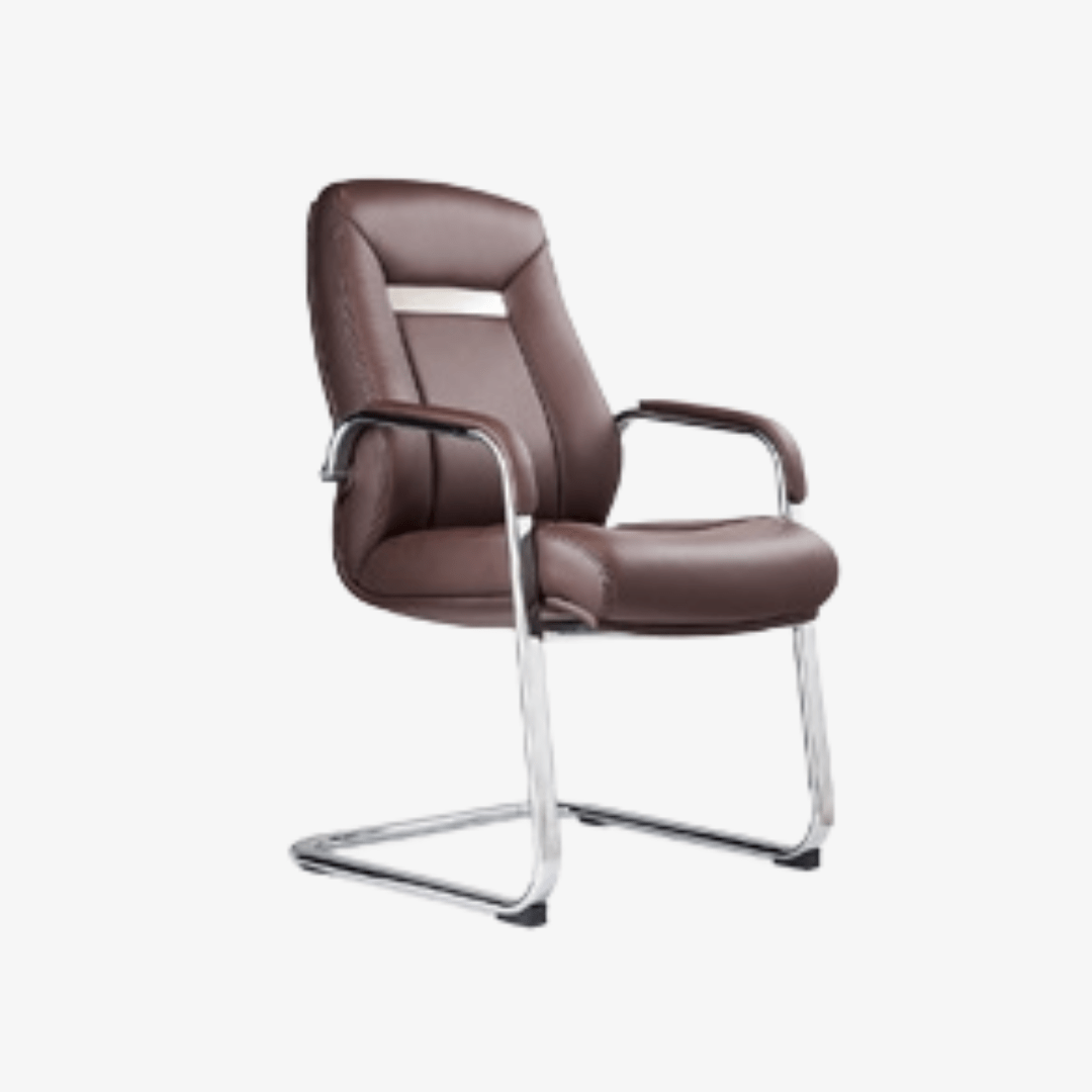 chaise-visiteur-en-cuir-marron-avec-structure-luge-et-finition-chromee-1.png Chaise visiteur en cuir marron avec structure luge et finition chromée – Image 1